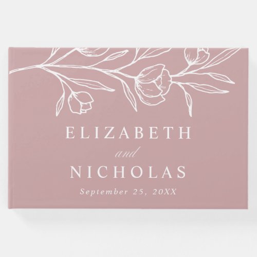 Sketched Dusty Rose Floral Photo Wedding Guest Book