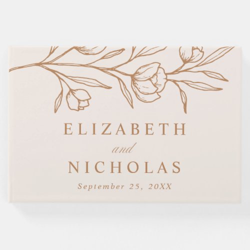 Sketched Floral Almond and Copper Photo Wedding Guest Book