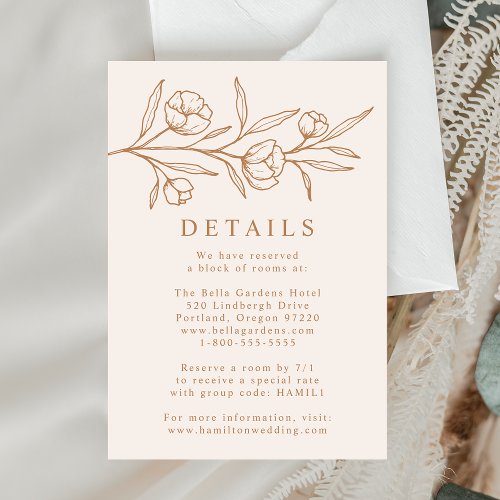 Sketched Floral Almond and Copper Wedding Details Enclosure Card
