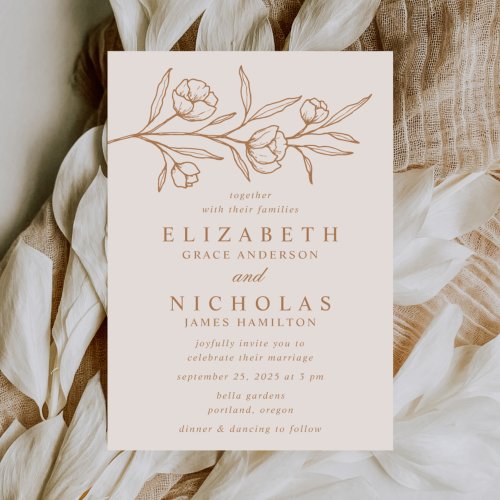 Sketched Floral Almond and Copper Wedding Invitation