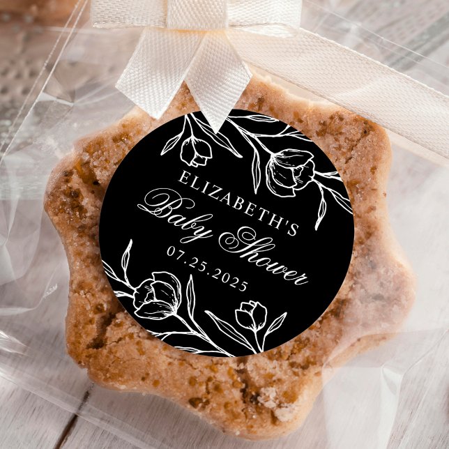 Sketched Floral Black and White Baby Shower Classic Round Sticker (Creator Uploaded)