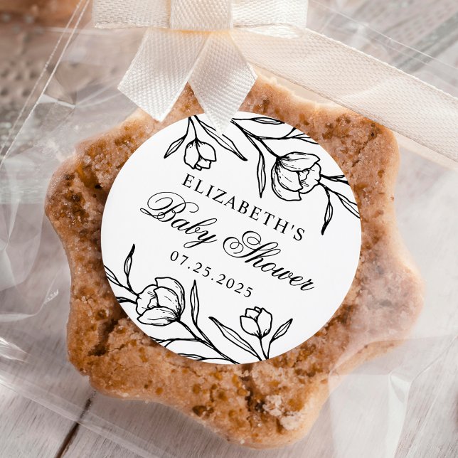 Sketched Floral Black and White Baby Shower Classic Round Sticker (Creator Uploaded)