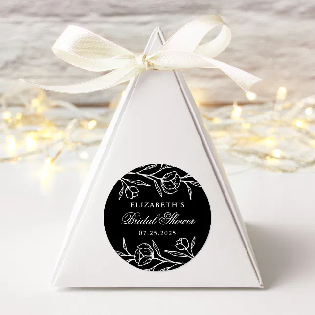 Sketched Floral Black and White Bridal Shower Classic Round Sticker ...
