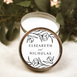 Sketched Floral Black and White Wedding Classic Round Sticker<br><div class="desc">Elegant floral wedding stickers featuring black sketched flowers and leaves with a white background. Personalize the sketched floral wedding stickers with your names. The floral stickers are perfect for sealing wedding envelopes,  wedding favors,  and more! Designed to coordinate with our Sketched Floral wedding collection.</div>