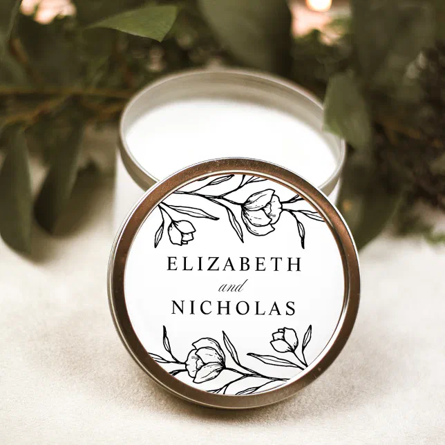 Sketched Floral Black and White Wedding Classic Round Sticker | Zazzle