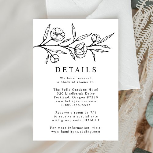 Sketched Floral Black and White Wedding Details Enclosure Card