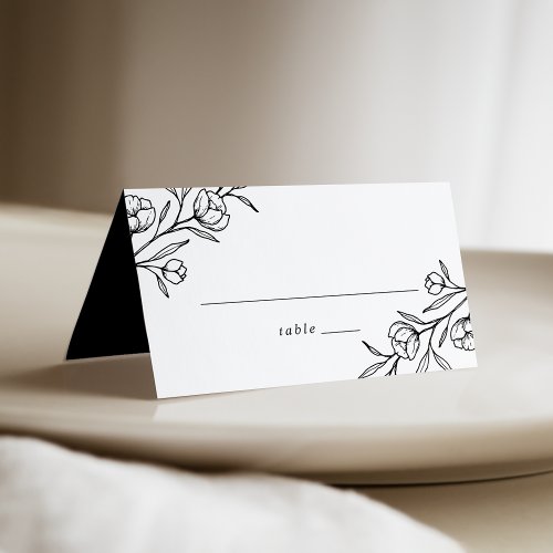 Sketched Floral Black and White Wedding Place Card