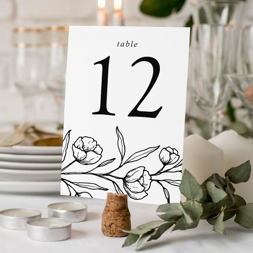 Sketched Floral Black and White Wedding Table Number