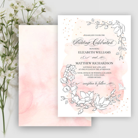 Sketched Floral Blush Pink Watercolor Wedding Invitation