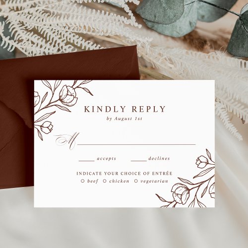 Sketched Floral Brown Meal Choice Wedding RSVP Card