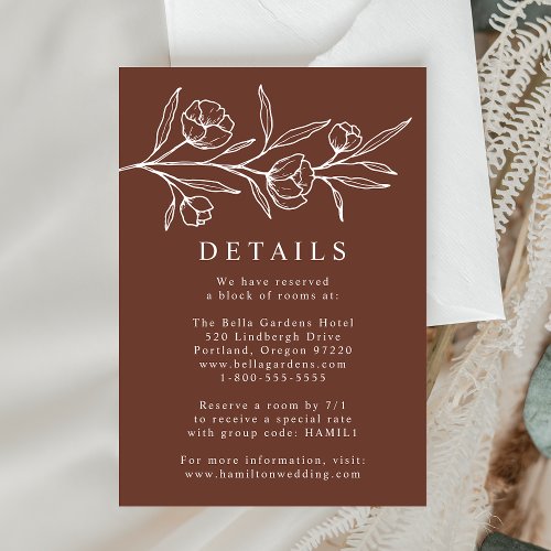 Sketched Floral Brown Wedding Details Enclosure Card