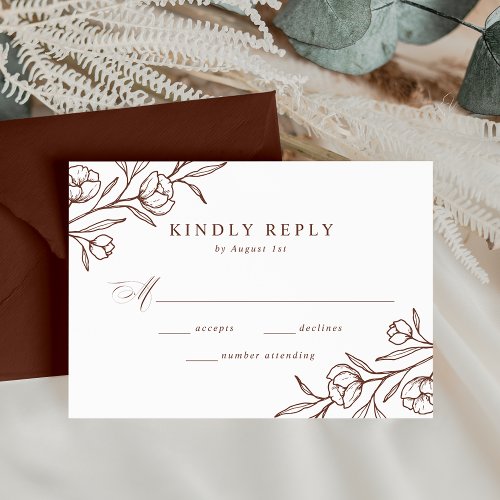 Sketched Floral Brown Wedding RSVP Card