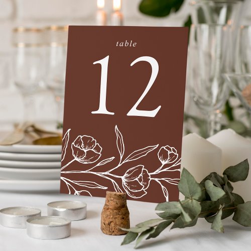 Sketched Floral Brown Wedding Table Number