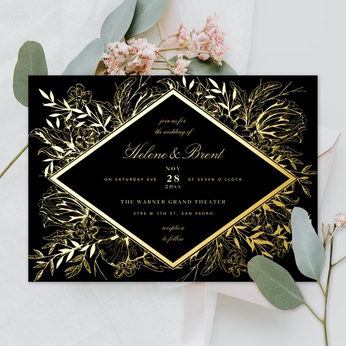 Sketched Floral Diamond Romantic Garden Champagne  Foil Invitation