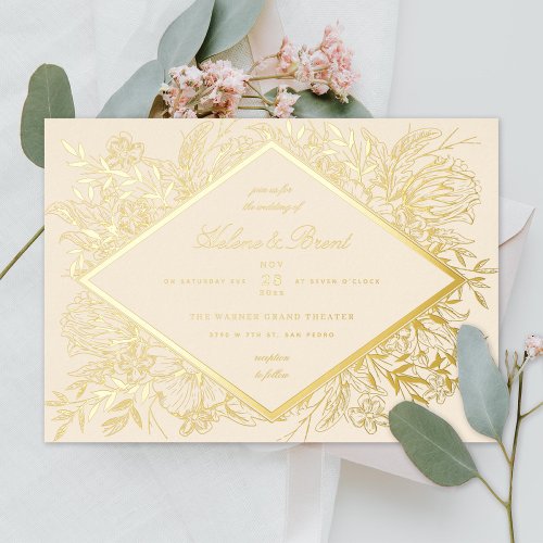 Sketched Floral Diamond Romantic Garden Champagne Foil Invitation
