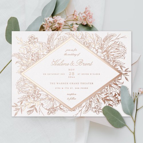 Sketched Floral Diamond Romantic Garden Rose Gold Foil Invitation
