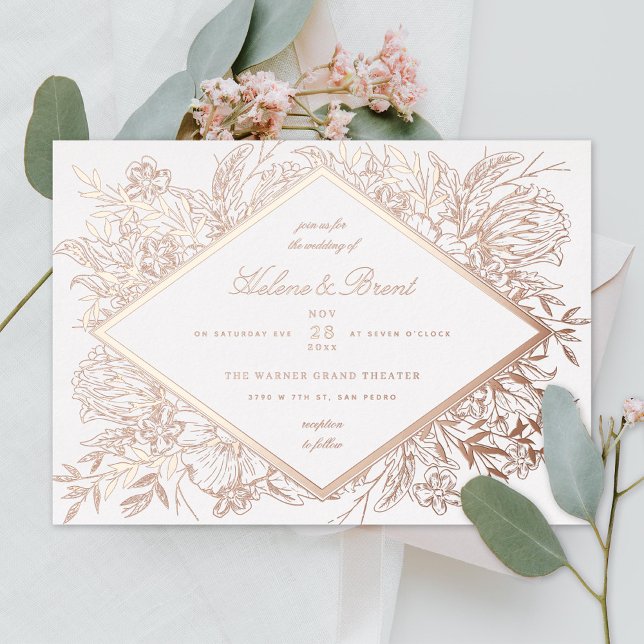 Sketched Floral Diamond Romantic Garden Rose Gold Foil Invitation (Creator Uploaded)