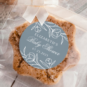 Sketched Floral Dusty Blue Baby Shower Classic Round Sticker
