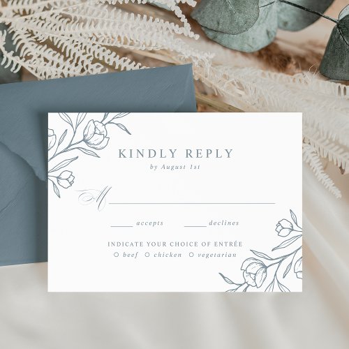 Sketched Floral Dusty Blue Meal Choice Wedding RSVP Card