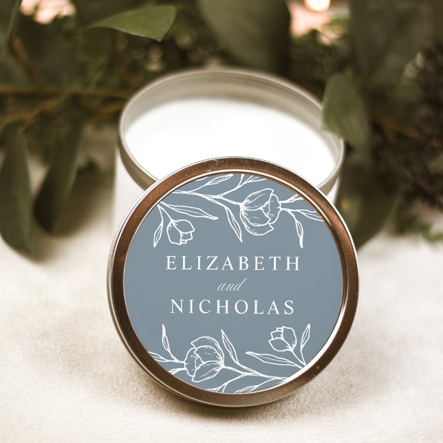 Sketched Floral Dusty Blue Wedding Classic Round Sticker (Creator Uploaded)