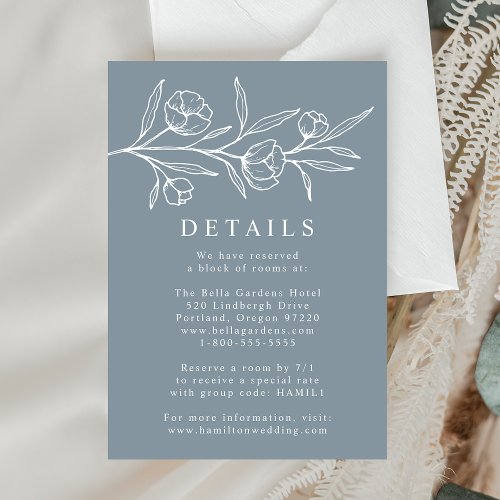 Sketched Floral Dusty Blue Wedding Details Enclosure Card