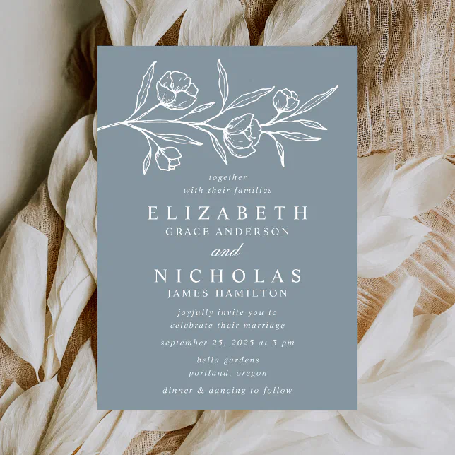 Sketched Floral Dusty Blue Wedding Invitation | Zazzle