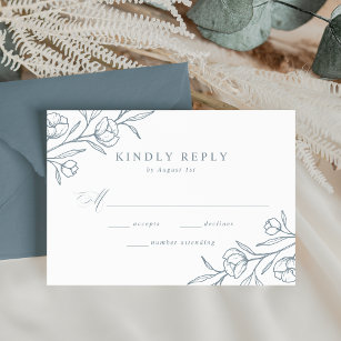 Sketched Floral Dusty Blue Wedding RSVP Card