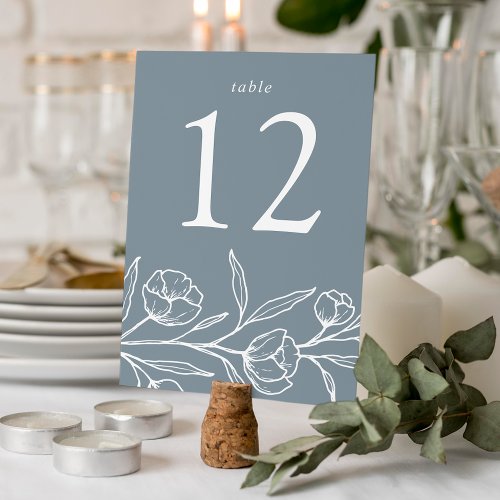 Sketched Floral Dusty Blue Wedding Table Number