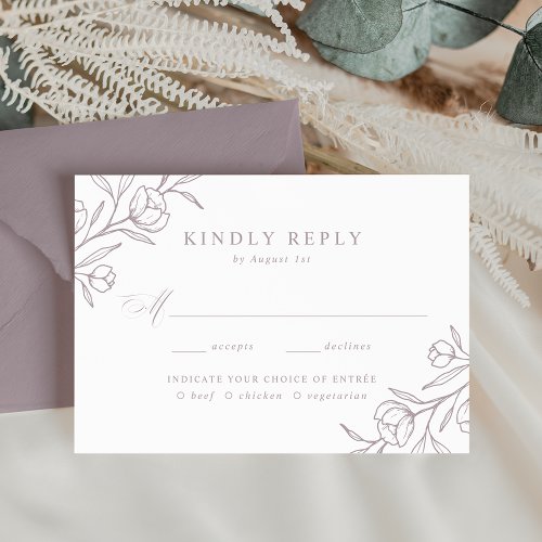 Sketched Floral Dusty Purple Meal Choice Wedding RSVP Card