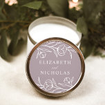 Sketched Floral Dusty Purple Wedding Classic Round Sticker<br><div class="desc">Elegant floral wedding stickers featuring white sketched flowers and leaves with a dusty purple background. Personalize the sketched floral wedding stickers with your names. The floral stickers are perfect for sealing wedding envelopes,  wedding favors,  and more! Designed to coordinate with our Sketched Floral wedding collection.</div>