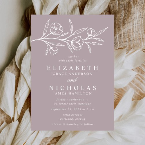 Sketched Floral Dusty Purple Wedding Invitation