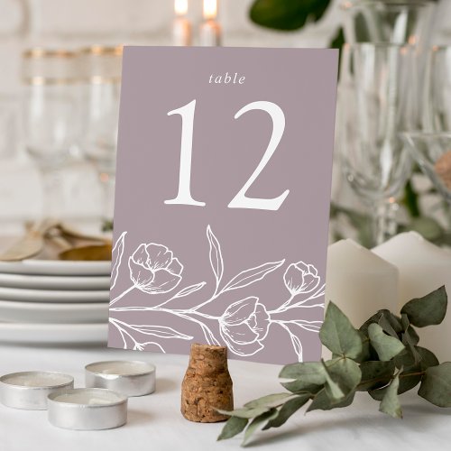 Sketched Floral Dusty Purple Wedding Table Number