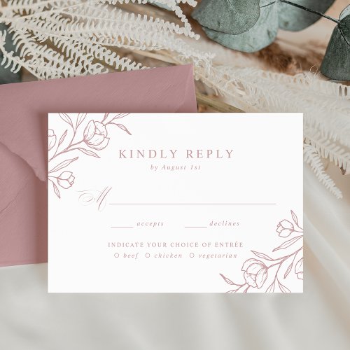 Sketched Floral Dusty Rose Meal Choice Wedding RSVP Card