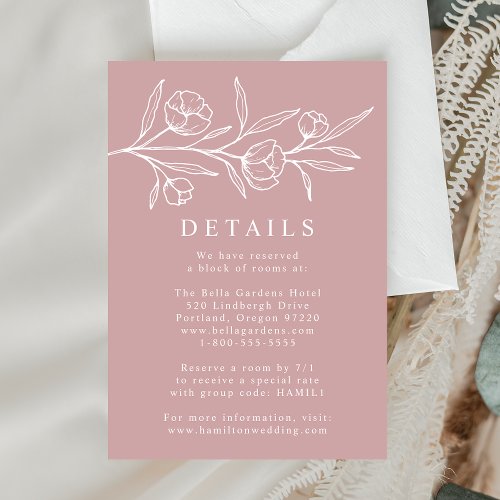 Sketched Floral Dusty Rose Wedding Details Enclosure Card