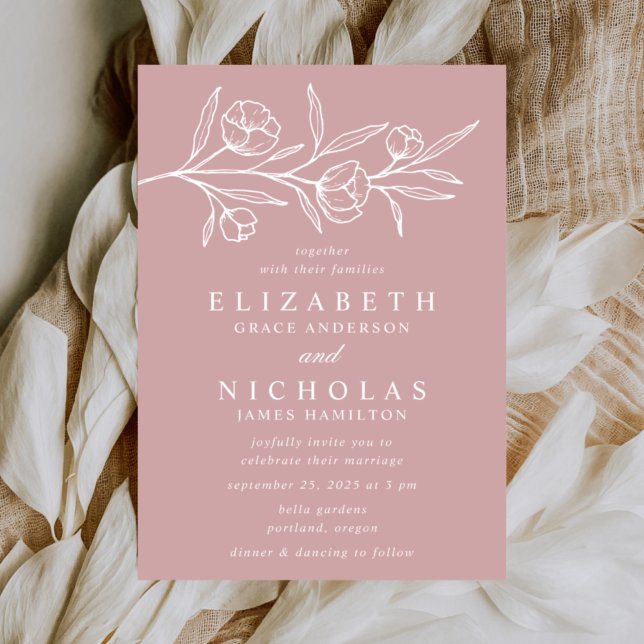 Sketched Floral Dusty Rose Wedding Invitation (Creator Uploaded)