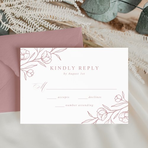 Sketched Floral Dusty Rose Wedding RSVP Card