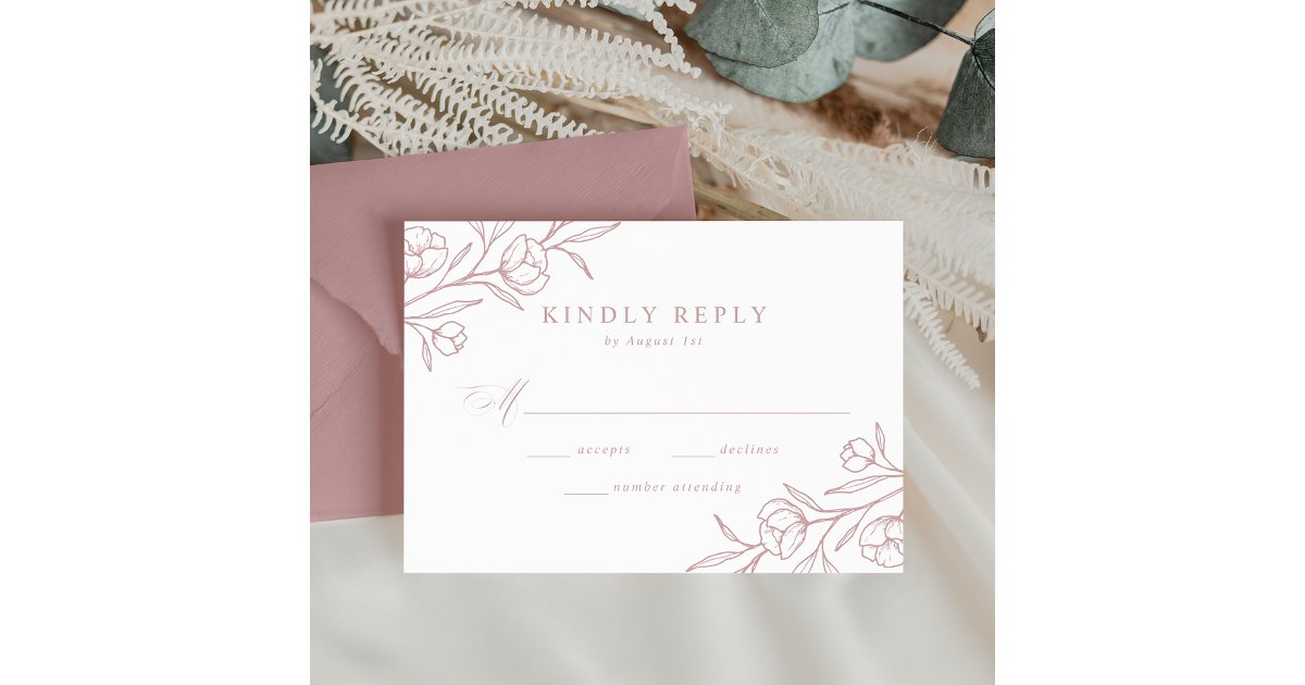 Sketched Floral Dusty Rose Wedding RSVP Card | Zazzle