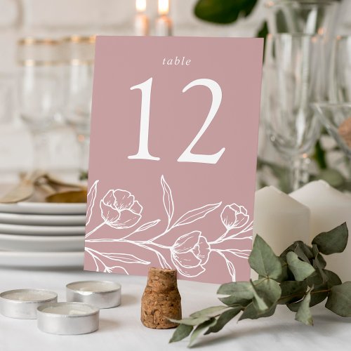 Sketched Floral Dusty Rose Wedding Table Number