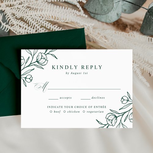Sketched Floral Green Meal Choice Wedding RSVP Card