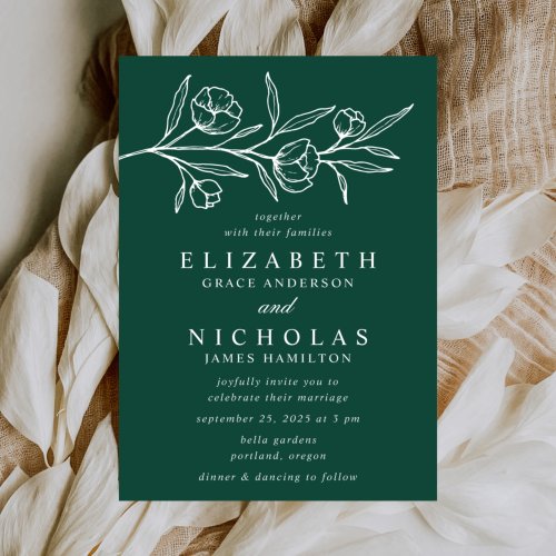 Sketched Floral Green Wedding Invitation