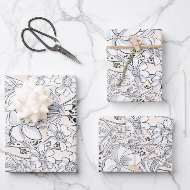 Sketched Floral Meadow Blush Watercolor Wrapping Paper Sheets (Front)