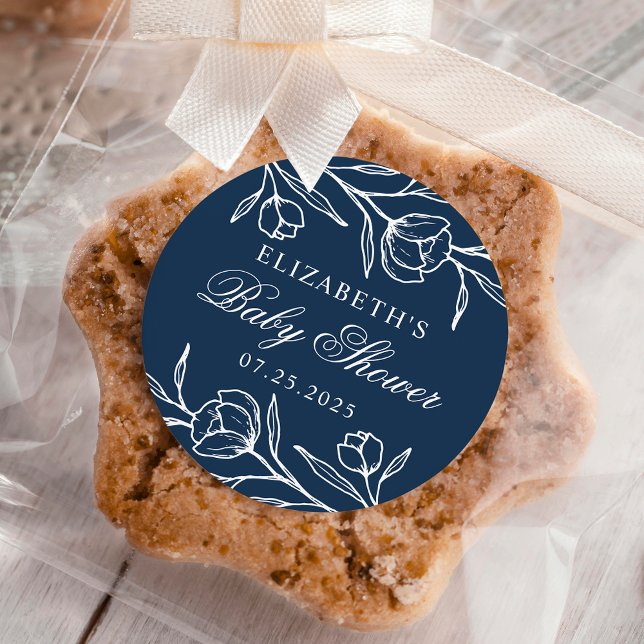 Sketched Floral Navy Baby Shower Classic Round Sticker (Creator Uploaded)