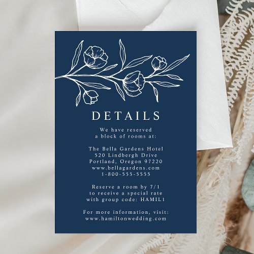 Sketched Floral Navy Wedding Details Enclosure Card