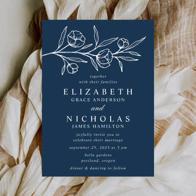 Sketched Floral Navy Wedding Invitation | Zazzle