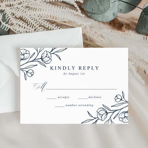 Sketched Floral Navy Wedding RSVP Card