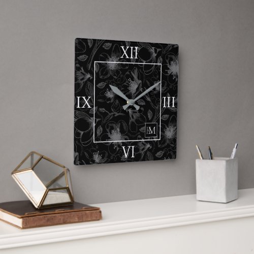 Sketched Floral Outline Lg Roman GrayBlk ID939 Square Wall Clock