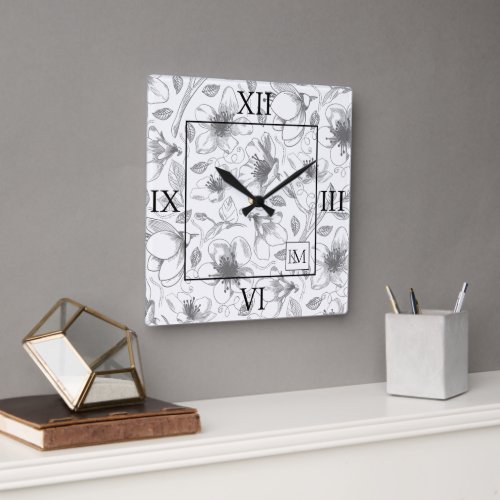 Sketched Floral Outline Lg Roman GrayWht ID939 Square Wall Clock