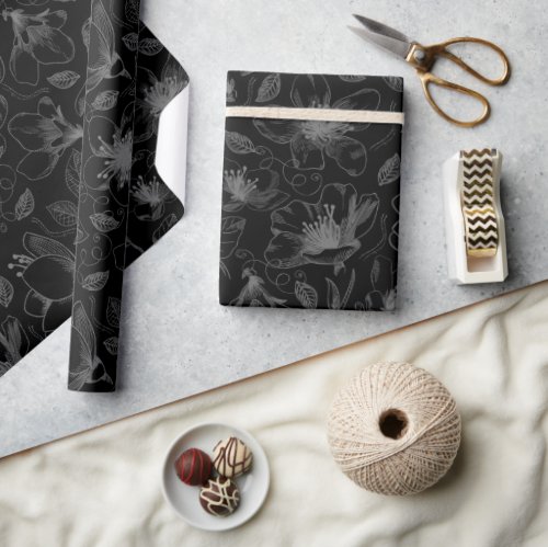 Sketched Floral Outline Pattern GrayBlack ID939 Wrapping Paper