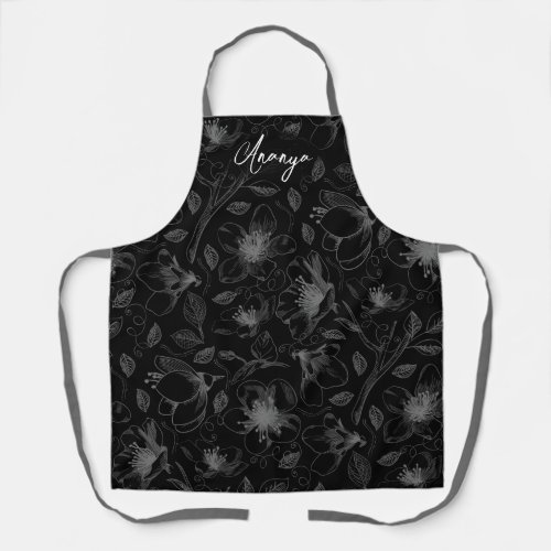 Sketched Floral Outline Pattern GrayBlk ID939 Apron