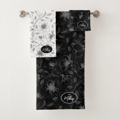 Sketched Floral Outline Pattern GrayBlk ID939 Bath Towel Set